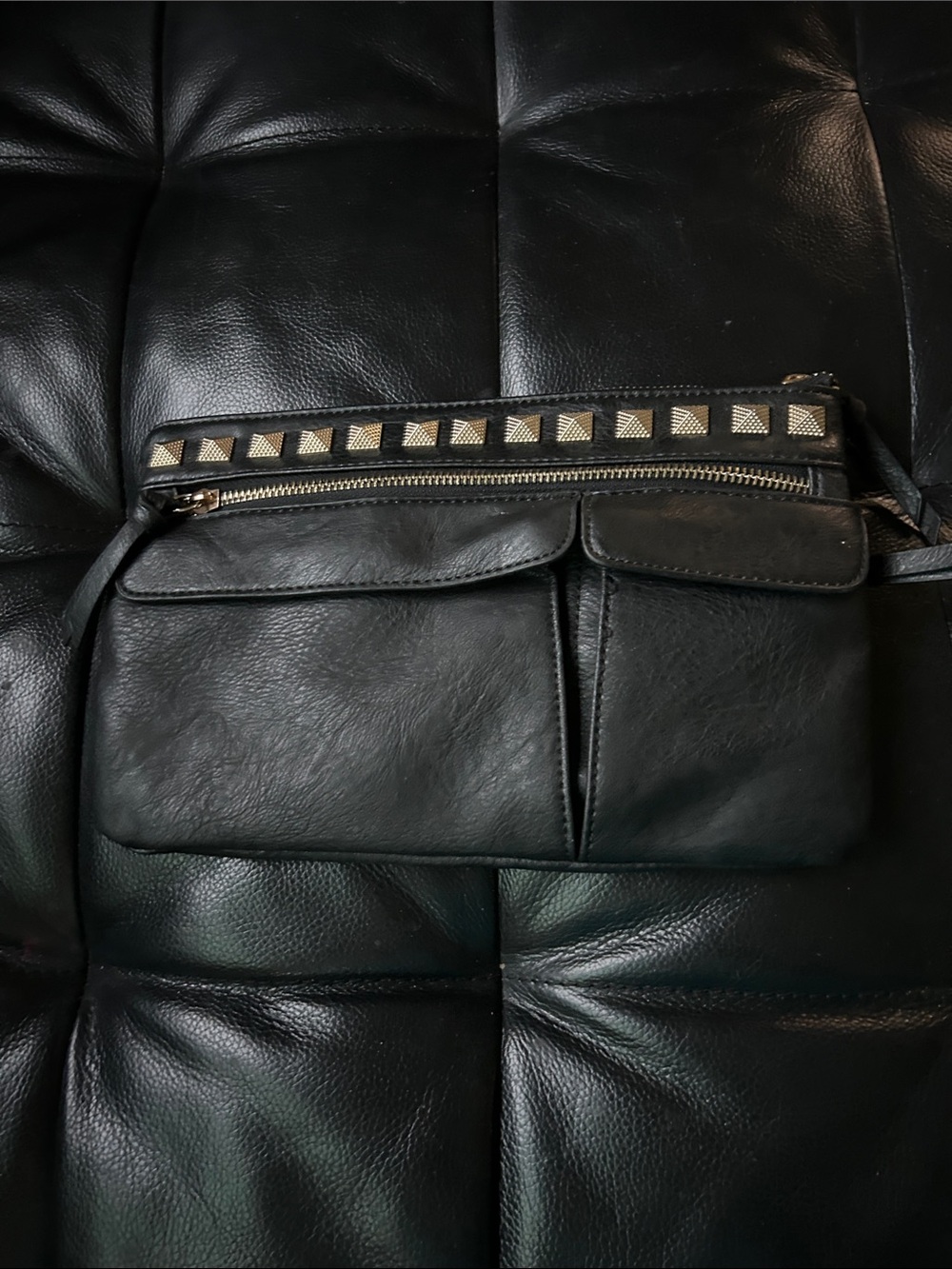 Source Unknown Black Leather Studded Belt Bag